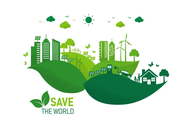 Salvar Medio Ambiente Del Ecosistema Energía Hoja Ecología Verde Ciudad — Archivo Imágenes Vectoriales