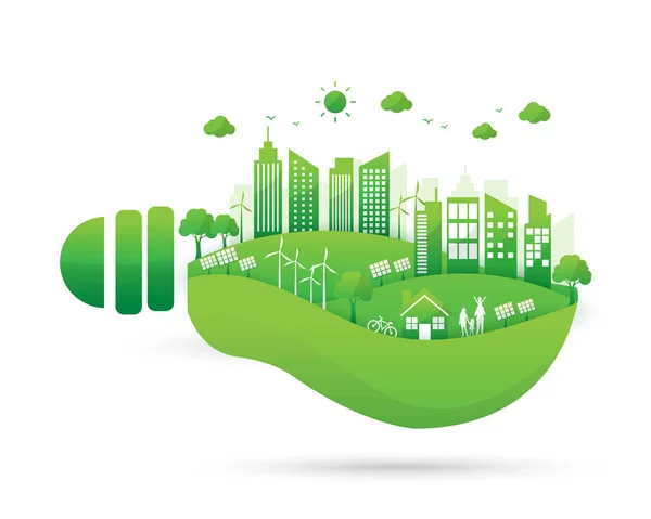 Zöld Város Ökológia Család Otthon Villanykörte Megújuló Energiaforrások Energiatakarékosság Környezetvédelem — Stock Vector