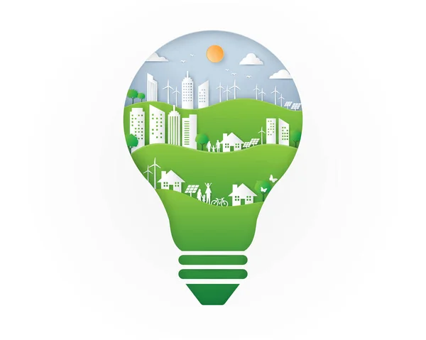 Ecology Friendly Light Bulb Shape Green City Ecosystem Environment Energy — Stock Vector