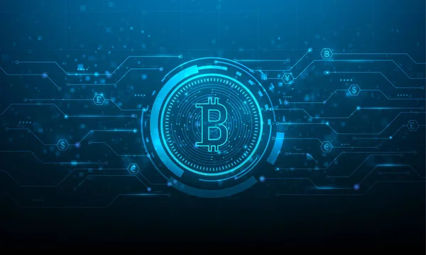 Devre Kartındaki Bitcoin Şifreleme Dijital Teknolojisi Mavi Koyu Arka Plan — Stok Vektör