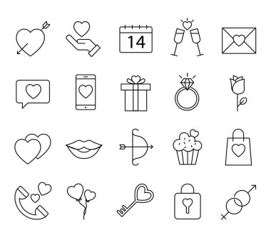 Sevgililer Günü ana hatları belirlendi. Aşk ve kalp ince çizgi sembolü. Beyaz arka planda sevimli izole edilmiş. Doğrusal simge biçiminde vektör illüstrasyonu. 14 Şubat Konsepti.