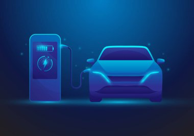 Elektrikli araba şarj istasyonu. Araç cep telefonuyla şarj ediliyor. Mavi koyu arka planda izole edilmiş. Her araba konsepti. Vektör çizim teknolojisi. ön görünüm.