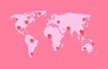 Sevgililer Günü 'nde Kalp Dünyası haritası. Dünya çapındaki aşk. Düz stil modern tasarım vektör illüstrasyonu. Romantizm ve online randevu.
