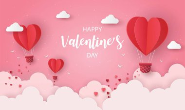 Pembe arka planda yüzen kalp balonu. Sevgililer günü afişi. Kağıt işçiliği tasarımında vektör illüstrasyonu. Ortadaki metin için boşluğu kopyala. Romantik düğün kartı. 14 Şubat 'ta aşk.