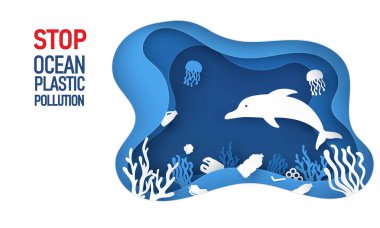Plastik kirliliğinin poster kesimini durdurun. Plastik atık ve mercan resifleriyle sualtı arka planında yunus. Origami sanatında vektör illüstrasyonu. Okyanus ve su kavramını koru.