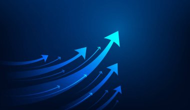 İşletme, mavi koyu arka planda ok büyümesini başlatır. Kar ve yatırım artışı. Borsa ticareti başarısı. vektör illüstrasyonu fantastik düşük poli tasarımı.