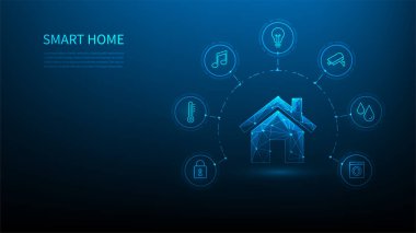 akıllı ev teknolojisi dijital ve mavi arka planda aygıt.