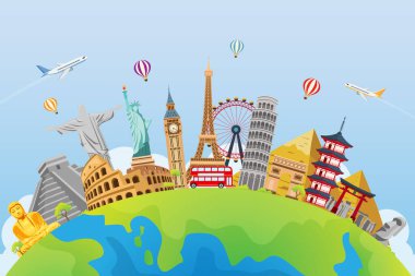 Seyahat ve turizm dünya çapında bir dönüm noktası. Turizm ve yolculuk konsepti. Tatilde yolculuk. vektör çizimi düz arkaplan.