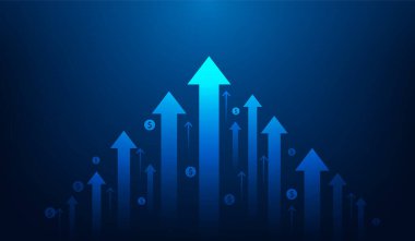 Koyu mavi arka planda ok büyümesi kar yatırımları teknolojisi. Hızlı ok başarıya doğru gidiyor. Borsa grafik ticareti. Vektör illüstrasyonu fantastik teknoloji.