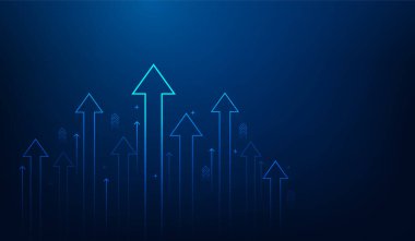 İş okları, koyu mavi arka planda büyüme çizgisi devre teknolojisini arttırıyor. İş yatırımından başarıya. Finansal veri grafiği stratejisi. Piyasa grafiği kâr parası. Vektör illüstrasyonu yüksek teknoloji.