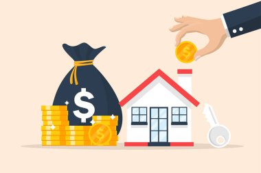 Ev kredisi için para biriktiriyorum. İçinde para olan ev ve çanta parası tutuyordu. Emlak ticareti. Bankalardan ev alıp satmak. İpotek ve kira kontratı. vektör çizimi düz tasarım.