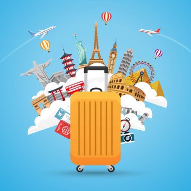 Bavulunda ünlü işaretlerle dünyayı dolaş. Tatil tatili. seyahat ve turizm konsepti. Düz biçim şablonunda vektör illüstrasyonu.
