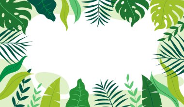 Yeşil yaprak ekolojisi Dünya Günü afişi. Taze yağmur ormanları tropikal bitkilerin çerçeve arka planı. Canavarlar ve palmiye ağaçları fotokopi alanı. vektör çizimi düz tasarım.