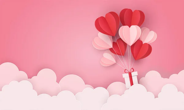 Amor Coração Balão Presente Voando Sobre Nuvem Dia Dos Namorados — Vetor de Stock