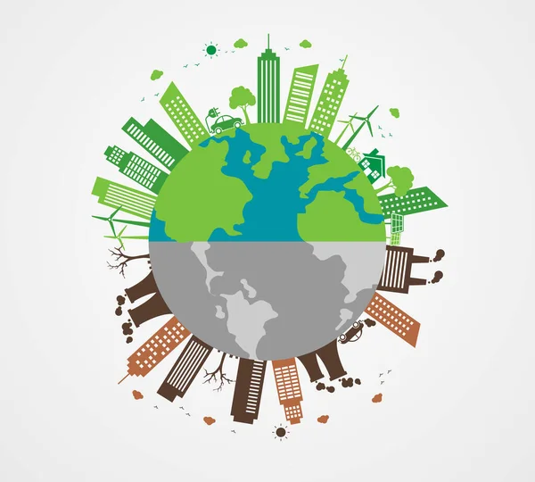 Ecologia Cityscape Poluição Conceito Solução Verde Cidade Poluída Terra Mundo —  Vetores de Stock