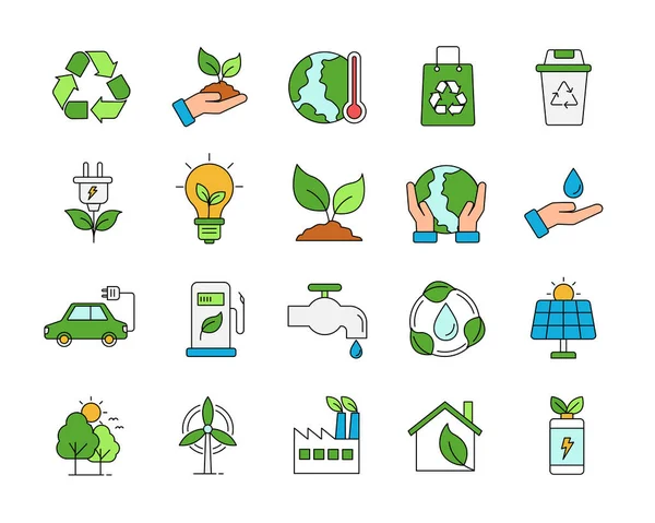 Ökológia Környezet Színes Vázlatos Ikonkészlet Környezetbarát Megújuló Energiaforrások Lineáris Szimbóluma — Stock Vector