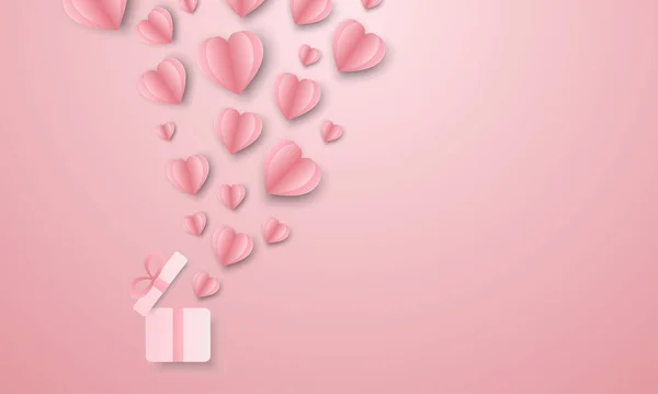 Herzen Papier Geschnitten Fliegende Geschenkschachtel Auf Rosa Hintergrund Glücklicher Valentinstag — Stockvektor