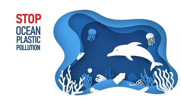 Stop Plastic Vervuiling Poster Papier Gesneden Dolfijn Onderwater Achtergrond Met — Stockvector