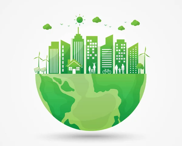 Ecología Ciudad Verde Energía Tierra Día Mundial Tierra Desarrollo Sostenible — Archivo Imágenes Vectoriales