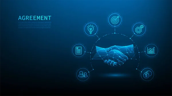 Hand Overeenkomst Contract Technologie Met Pictogram Blauwe Achtergrond Handdruk Zakelijke — Stockvector