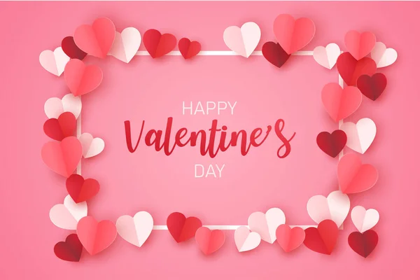 Día San Valentín Cartel Papel Artesanal Sobre Fondo Rosa Corazones — Archivo Imágenes Vectoriales