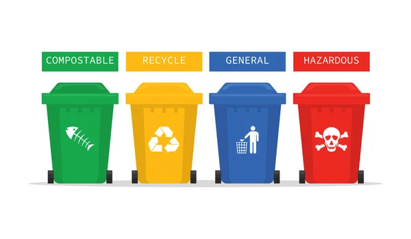 Πολύχρωμοι Κάδοι Ανακύκλωσης Για Διαχωρισμό Αποβλήτων Ανακυκλώνουν Infographic Απομονώνονται Λευκό — Διανυσματικό Αρχείο