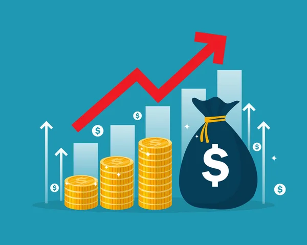Růst Podnikových Finančních Grafů Tašky Peněz Mince Investiční Šíp Nahoru — Stockový vektor