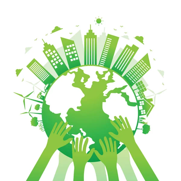 Hand World Green City White Background World Environment Day Ecology — Stock Vector