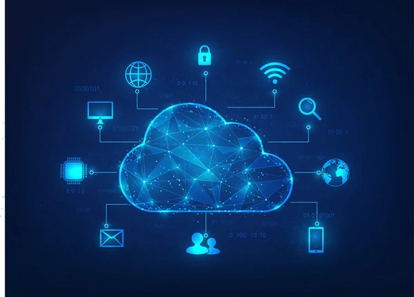 Cloud Computing Technologie Internet Auf Blauem Hintergrund Low Poly Big — Stockvektor