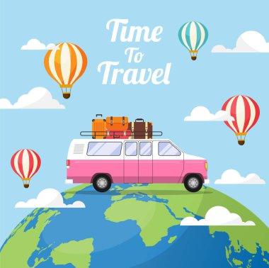 Seyahat etme zamanı. Minibüs çatıda ve balon gökyüzünde. Tatilde araba gezisi. Düz dizayn vektör illüstrasyonu. Ulaştırma ve Turizm.