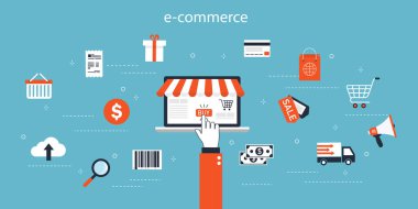 Mavi arka planda e-ticaret işi. Online alışveriş ve e-pazarlama. İletişim ve dağıtım hizmeti sembolü. Vektör çizimi. Mağazaları, alışveriş merkezleri, süpermarketleri, interneti olan bilgi pankartları.