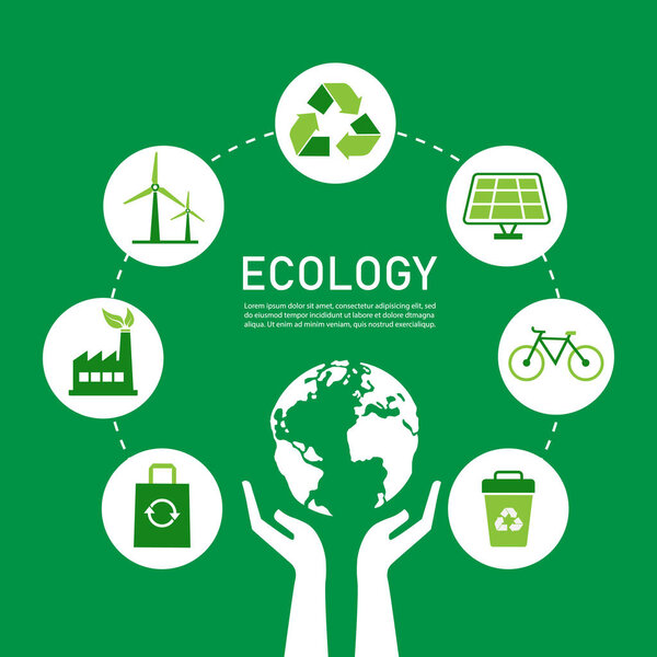 Ecology and sustainable development concept on green background. Eco infographic circle elements. hand save the world. Nature and environment conservation. vector illustration flat design.