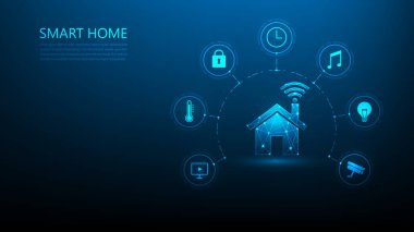 Mavi arka planda aygıt simgesi olan akıllı ev teknolojisi. Ev kontrol sistemi ve teknoloji ikonları. Ev kontrol cihazı. Vektör illüstrasyonu fantastik yüksek teknoloji tasarımı. iot otomasyon kavramı.