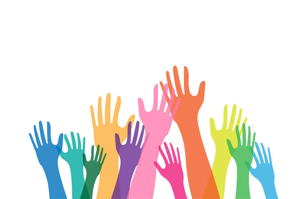 Colorful hands raised on a white background. Concept of rights and freedom of people. Vector illustration in flat design.