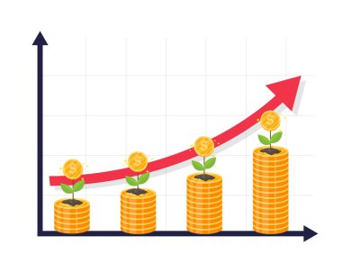 Beyaz arka planda finansal ve ağaç büyüme grafiği. Para biriktirme kavramı. Ağaçlı ve oklu bozuk para yığını. Vektör çizimi düz tasarım. İş ve finans. Yatırım ve kâr.