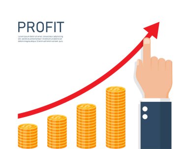 İşadamı el işaretleriyle grafik okunun finansal artışını gösteriyor. Dolar yığını ve kar büyüme konsepti. İş ve finans. Vektör illüstrasyon düz tasarım. Başarılı yatırım planları. Beyaz arkaplanda.