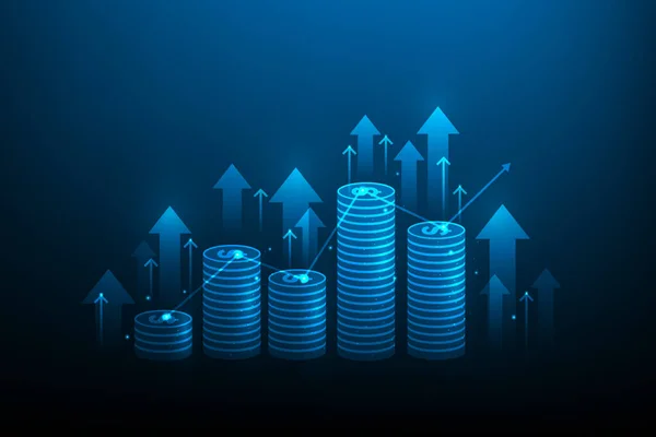 Obchodní Mince Akcie Šipky Nahoru Technologie Modrém Pozadí Výnosy Investic — Stockový vektor
