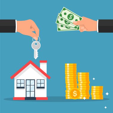 Ev konsepti alıyorum. Ev ve anahtar parmaklı bir el ajanıyım. Satın almayı teklif et, emlak kirala. Düz bir şekilde vektör illüstrasyonu. Mavi arka planda izole edilmiş. iş ve finans bankacılığı.