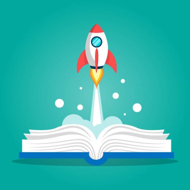 Mavi arka planda uçan roket gemisiyle açık bir kitap. Vektör çizimi düz tasarım. Eğitim ve öğrenme kavramları. Okuma ve bilgi logosu.