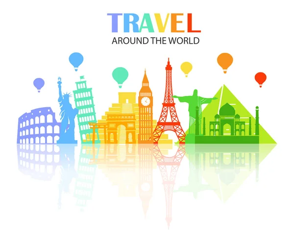 Colorful Icons Travel World White Background Important Tourist Attractions Concept — Stock Vector
