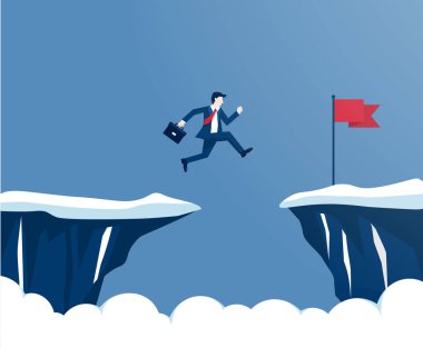 İş adamı uçurumdan kırmızı bayrağa atladı. İş riski ve başarı kavramı. Hedefe giden engelleri aşmak. İş rekabeti ve liderlik. Düz biçim tasarımında vektör illüstrasyonu.
