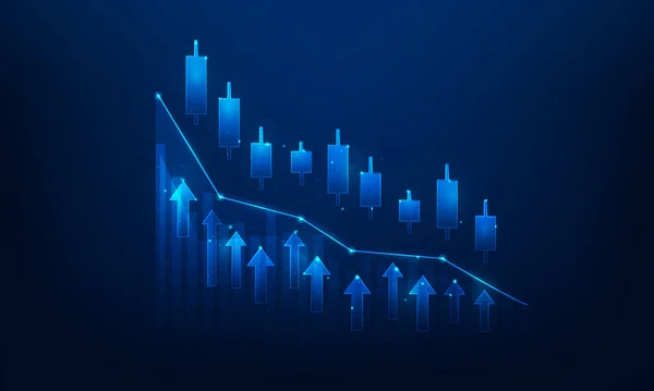ブルーバックグラウンドのビジネスグラフ取引投資 金融外国為替グラフ成長技術 経済トレンドの概念 ベクターイラスト デジタルデザイン 青い暗黒の背景で隔離された — ストックベクタ