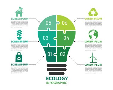 Beyaz arkaplanda ampul eko bilgisi. Yeşil çevre kavramı. Sunum için 6 seçenekli element şablonları tasarla. Vektör çizimi düz tasarım. Temiz enerji dünyayı kurtarır..