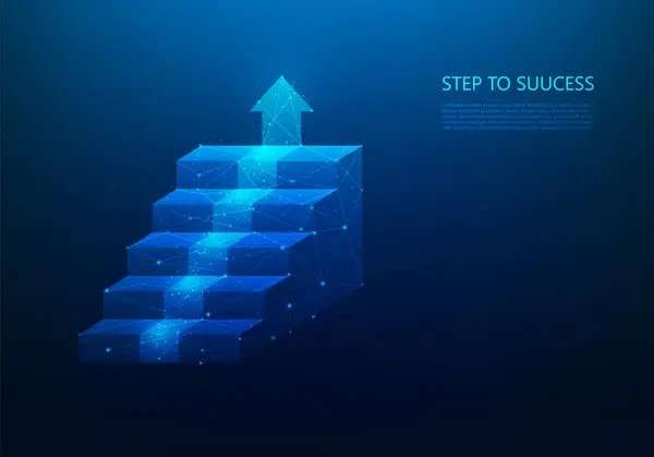 商业阶梯迈向目标数字技术的一步 等距楼梯和箭头向上 矢量显示奇妙的低多线框设计 — 图库矢量图片