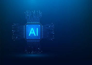 Mavi arka planda yapay zeka teknolojisi. metin için boşluk kopyala. İnovasyon akıllı robot. Zeki beyin, problem çözme. vektör illüstrasyonu düşük poli fantastik tasarım.