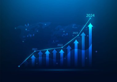 Ticari ticaret grafiği yatırım artışı 2024 yılı mavi arka planda. Ekonomi dünyası ticaret teknolojisi. Küresel eğilim artıyor. vektör illüstrasyonu dijital düşük poli fantastik tasarım.