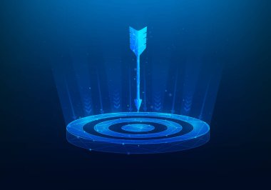 İş dünyası hedef dijital teknolojinin merkezi mavi arka plan. Odaklanma kavramı işe odaklanmaktır. Arrow merkez gösterge paneli. Başarı hedefi belirleme stratejisi. vektör illüstrasyonu dijital düşük poli.