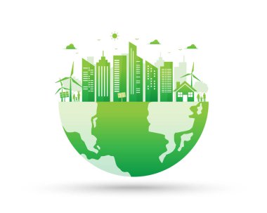 Yeşil ekoloji çevresi Dünya üzerinde sürdürülebilir yenilenebilir enerji şehri. Çevre dostu bir yöntemle dünyayı kurtar. Modern tasarımda vektör illüstrasyonu.