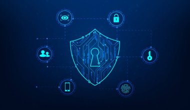 Mavi arka planda kalkan güvenliği dijital teknolojisi. Güvenlik sistemi virüsleri ve hırsızlığı önlüyor. Siber veri kalkanı internet güvenliği. Vektör illüstrasyonu yüksek teknoloji.