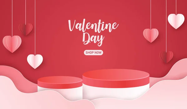 Exhibición Podio Feliz Día San Valentín Con Corazón Papel Cortado — Archivo Imágenes Vectoriales